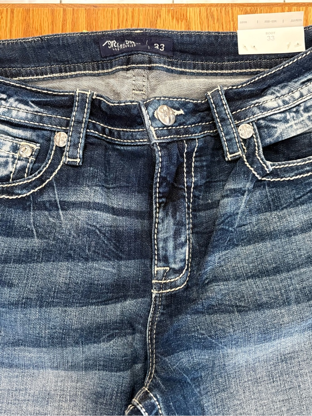 Miss Me Dark Blue Denim Mid-Rise Boot Jeans with Embroidered Pocket Detail - Picture 5 of 7
